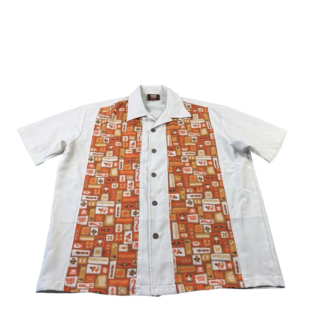 Trader Sams Hawaiian Shirt Mens XL Beige Brown Polynesian Village Disney